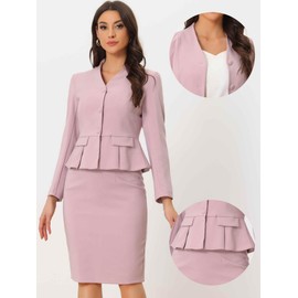 Allegra K 2 Piece Skirt Sets for Women Long Sleeve Blazer and Pencil Skirt Business Suits Large Pink