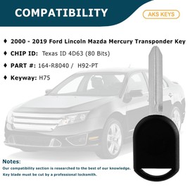 AKS KEYS Replacement Car Key Uncut Transponder Ignition for Ford Lincoln Mazda Mercury Chip Id Texas ID 4D63 (80 Bits) H92-PT (1)