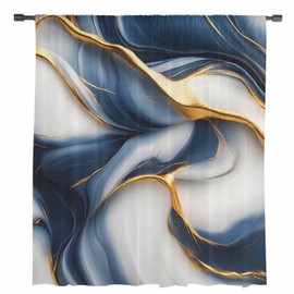 ZOE GARDEN Navy Blue Gold Window Curtains 96 Inches Long,Semi Sheer Rod Pocket Chiffon Drapes Drapery Voile Draperies Treatment for Living Room/Bedroom,Marble Modern Art Abstract Gradient Gray