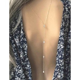 Yheakne Hochzeit Kristall Hintergrund Halskette Gold CZ Y Lariat Halskette Kette Lange Strass Y Halskette Braut Zurück Halskette Körperschmuck für Frauen und Mädchen (Gold B)