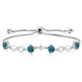 Gem Stone King Keren Hanan 2.87 Ct Round London Blue Topaz E-F Lab Grown Diamond 925 Silver Adjustable Infinity Tennis Link Bracelet For Women