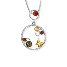Copal Women's Baltic Amber Necklace Silver 925 Butterfly Pendant Partially Gold-Plated Adjustable Length Sustainable Packaging Gift for Women, Silver, Amber