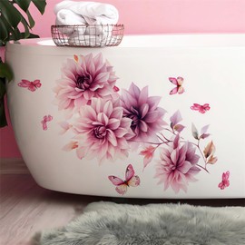 sacinora Pink Dahlia Flower Butterfly Wall Stickers, Daisy Peony Floral Art Wall Decals Removable Vinyl Peel and Stick Bathroom Living Room Bedroom Furniture Door Home Decorations