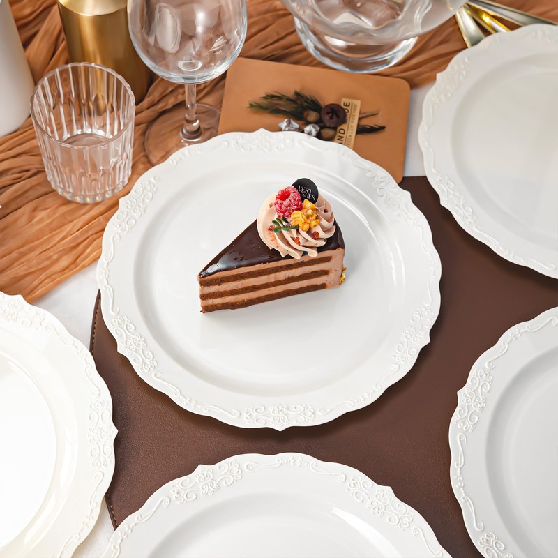 70 Pack 10in Ivory Plastic Dinner Plates, Disposable Round Fancy