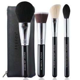 ENERGY Juego de Brochas de Maquillaje 4Pcs Base de Polvo Sintético Premium Rubor Contorno Bronceador Resaltador Pinceles de Maquillaje Con Bolsa de Pu Negra Cepillos Faciales Veganos Profesionales