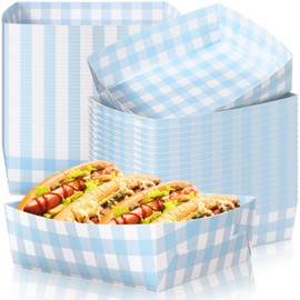 Suclain 36 Pack Light Blue and White Gingham Paper Trays 5 lb Grease Resistant Large Snack Serving Trays Disposable Food Boats for Baby Shower Wedding Tea Party Supplies