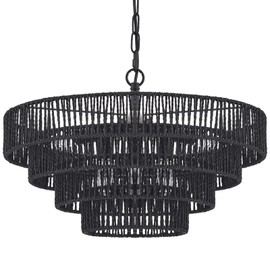 ELYCCUPA 20” Hand-Woven Rattan Chandelier 6-Lights Transitional Minimalist 4 Round Boho Large Pendant Light for Kitchen Island Dining Room Living Room Hallway, Matte Black, UL Listed