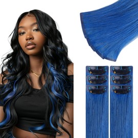 IDN BEAUTY Seamless Clip In Hair Extensions Real Human Hair, 20 Inch 40g 6Pcs Blue Straight Seamless Clip Ins For Black Women Colored Hair Extensions PU Weft Invisible Edge