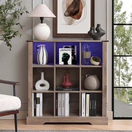 9 Cube Storage Organizer, 3 Tier Bookshelf, Vintage Wood Bookcase with Led Lights, Toy Storage Shelf, Wall Cube Shelves for Bedroom, Kids, Home Office, Living Room (Grey, 9)