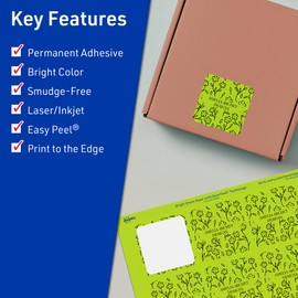 Avery Printable Square Labels with Sure Feed Technology, 2" x 2", Bright Green Labels, Print-to-The-Edge, Laser/Inkjet, 120 Total, Great for Jar Labels and Packaging Labels