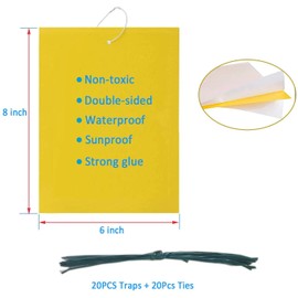 Garsum 20-Pack Dual-Sided Yellow Sticky Traps for Flying Plant Insect Like Fungus Gnats, Aphids, Whiteflies, Leafminers（6X8 Inch,Wire Ties Included）