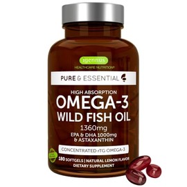Pure & Essential Super Concentrated rTG Omega 3 1000mg, Wild Fish Oil 1000mg EPA DHA, 2:1 Ratio, Non-GMO, Astaxanthin 1mg, Lemon Flavor, 180 Capsules