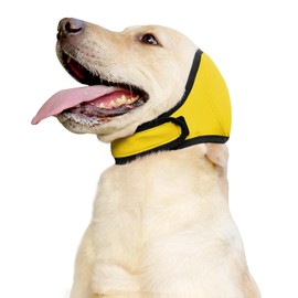 JOHNBOLIN Dog Ear Muffs & No Shake Ear Wrap for Hematoma, Bathing, Drying & Noise Anxiety Relief - Elastic Waterproof Ear Protector with Calming Hoodie Design for Grooming/Head Ear Cover (Yellow, S)