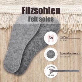 3 Pairs Thick Heavy Duty Felt Insoles for Boots and Work Shoes (41)
