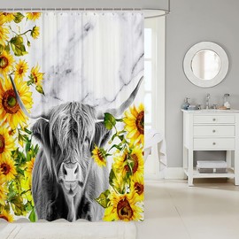 Highland Cattle Shower Curtain Girls Sunflower Highland Cow Marble Print Bathroom Shower Curtain Set Farm Animal Bath Curtain for Bathroom Sunflower Floral Bathroom Accessories Decorative 72"x84"