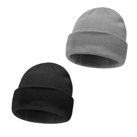 Fiohiros 2 Packs Beanie for Men Women, Warm Stretchable Cuffed Plain Cap, Soft Knit Hats for Cold Weather, Walking, Travel & Outdoor Activities (AU, Alpha, One Size, Standard, Black+Grey)
