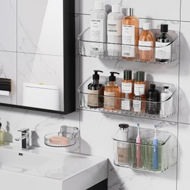 4 Pack Acrylic Wall Mounted Shower Caddy Clear Acrylic Wall Mount Organizer Adhesive Shower Organizer No Drilling Hang Walls Self Adhesive Shelves Shower Shelves for Bathroom Kitchen Storage Decor