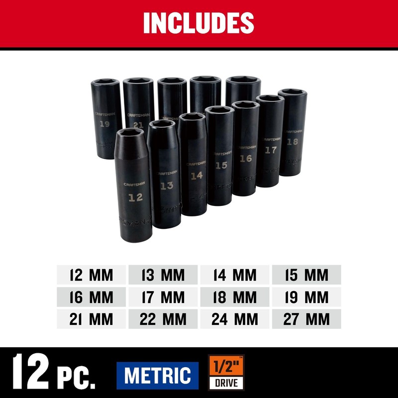CRAFTSMAN Impact Socket Set, Metric, 1/2-Inch Drive, Deep Impact Sockets,