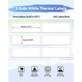 Phomemo White Labels for D30/Q30/Q31/Q30S Mini Label Printers, Compatible with Colorwing Q30, Phomemo Label Printer Q31/Q30S/Q32, 14 mm x 40 mm, Label Roll with 160 Labels/Roll, 3 Rolls