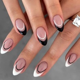 AkiliBIELY Almond Press on Nails Short Medium Black White Bare French Tip Fake Nails Women Glue on Nails Acrylic Gel Stick on Nails Cute Fantasy Classy Aesthetic False Nails Wedding Birthday