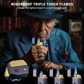 Triple Flame Torch Lighter with Built-in V Cutter, Holder and Draw Enhancer Tool, Butane Refillable Torch Lighter, Multifunctional Accessories Gift, Windproof Lighters for Candles and Outdoors