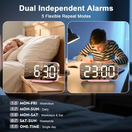 ALANAS Pink Mirror Digital Alarm Clock for Girls & Teens, Dual Alarms, Snooze, Adjustable Brightness, 2 USB Ports, Weekday Display, Cute Bedside Clock for Kids, Bedroom, Desk, Dorm, Gift Idea