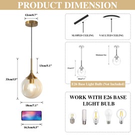 KCO Lighting Mid Century Modern Pendant Chandelier Amber Glass Hanging Lamp Gold Globe Pendant Lights Kitchen Island Brushed Brass Pendant Light Large Kitchen Pendant Lighting Over Island