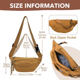 Cord Bum Bag for Men and Women, Crossbody Waist Bag, Shoulder Bags, Chest Bag, Cord Adult with 3 Pockets and Adjustable Lightweight Belt Bag for Boys, Sporty, Hiking, brown, Adult with 3 pocket