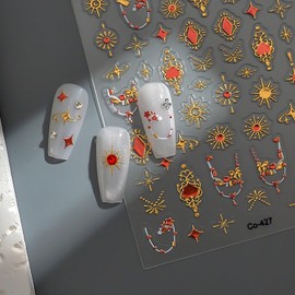 Gold Nail Art Stickers Necklace 5D Embossed Nail Stickers Decals Gold Sun Nail Stickers for Nail Art with Star Moon Design Self-Adhesive Acrylic Nails Supplies for Women Manicure Decorations
