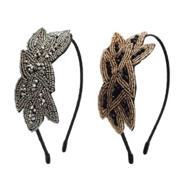 2pcs 1920s Leaves Beaded Headband Vintage Headdress Flapper Headband Elegant Crystal Rhinestone Flapper Headband for Women Costume Party