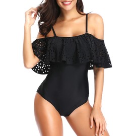 Tempt Me - Traje de baño de una pieza con hombros descubiertos y encaje para mujer, con volantes, Negro -, X-Small
