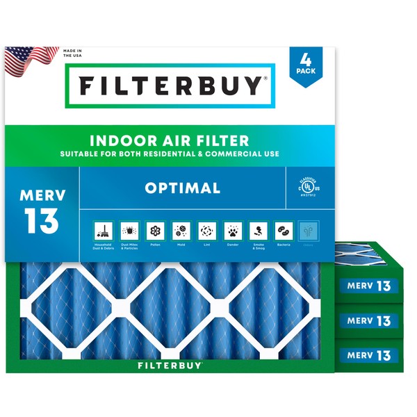 Filterbuy 24x24x2 Air Filter MERV 13 Optimal Defense (4-Pack), Pleated