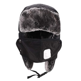Kids Teens Winter Bomber Russian Hat with Ear Flaps Mask Faux Fur Trapper Warm Trooper Neck Face Protector Waterproof Hat Cap for Boy Girl Skating Skiing Outdoor Activities Aged 8-15Y Black