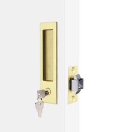 Dontay Pocket Door Handle with Lock, Narrow Modern Rectangular Keyed Entry Function, (Bed/Bath) Pull Latch, Recessed Sliding Door Hardware for 1 3/8” to 2 3/16” Thickness Door (1, Satin Brass)