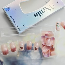 Christmas Press on Nails Short Square Pink French Tip Fake Nails Glitter Tips Glue on Nails with White Snowflake Designs Elk False Nails Winter Holiday Manicure Decorations for Women Acrylic Nails