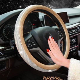 New Diamond Leather Steering Wheel Cover with Bling Bling Crystal Rhinestones, Universal Fit 15 Inch Car Wheel Protector for Women Girls,Gold