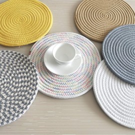 Tmtop Coasters Water Absorbing Coasters Heat Resistant 6 Piece Set Diameter 4.3 inches (11 cm) Insulation Pad Thick Round Stylish Hand Woven Cotton Woven Tea Bad Cup Coaster for Drinking Coffee Kitchen (A Type)