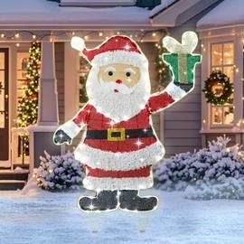 MUMTOP Santa Claus Lighted Christmas Decorations, 3.5FT White Neon Light Sign Animated Xmas Outdoor Decoration, Light Up Tinsel Santa with Gift Displays for Holiday Indoor Party Home Yard Decor Gift