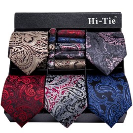 Hi-Tie Lot 5 Pcs Gift Box Mens Tie Set Necktie with Pocket Square Cufflinks Silk Neck Tie Collection,Paiselys Multicolor