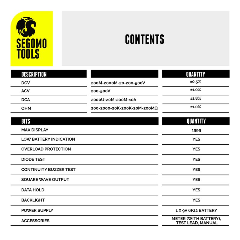 Segomo Tools 500 Volt Multimeter - Amp & Diode Voltage,