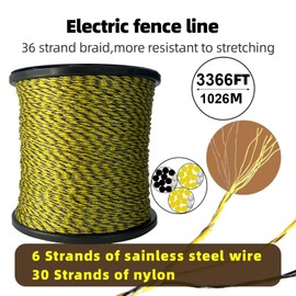 Upgraded Electric Fence Polywire 3366 Feet 1026 Meters, 6 Stainless Steel Strands for Reliable Conductivity and Rust Resistance, Easy to Install,Portable Electric Fencing,Yellow and Black Color