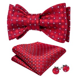 YOHOWA Mens Self Tie Bow Tie Red Plaid Bowties Pocket Square Cufflinks Set Classic Woven Formal Wedding Tuxedo Party