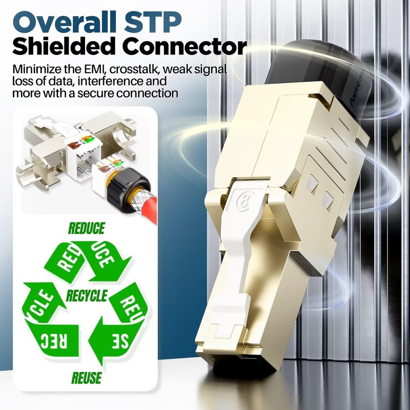 AMPCOM STP CAT8 RJ45 Connector, Zinc Alloy, Tool-Free, 40Gbps, Enterprise,