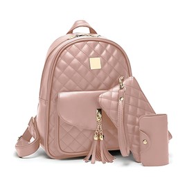 Mochilas para Mujer, 3 Piezas Mochila de Cuero de Moda Casual, Bolsos de Cuero PU, Mochila Monedero para Dama y Chicas, Bolsa de Viaje Informal para Mujeres y Niñas (Rosa)