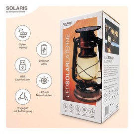 Shopeco SOLARIS LED Solarlaterne Campingleuchte Dimmbar Metall Gehäuse im Kupfer Retro Design tauschbarer Akku Warmweiß mit USB-C Ladefunktion
