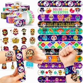 Cherisnowy 72PCS Day of the Dead Party Set | 48PCS Temporary Tattoos & 24PCS Slap Bracelets Fun Día de los Muertos Birthday Supplies, Baby Shower Gifts, Classroom Rewards & Party Decor for Kids