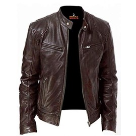 Men's Genuine Leather Jacket Motorbike Casual Jacket (Medium, Brown)