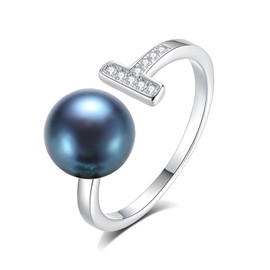 BAMIKI Womens Pearl Ring 925 Sterling Silver 18K Gold Plated Genuine Black Freshwater Pearl T-shaped Ring Size:6
