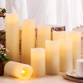 Pandaing Flameless Candles Battery Operated LED Pillar Real Wax Electric Unscented Candles with Remote Control Cycling 24 Hours Timer, Ivory Color, Set of 9
