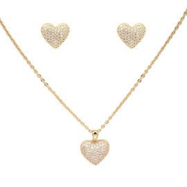 Lavencious CZ Paved Heart Shape Pendant Necklace and Cluster Earrings Jewelry Set for Women Gold